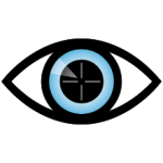 An eye with a blue iris and white crosshairs in the pupil